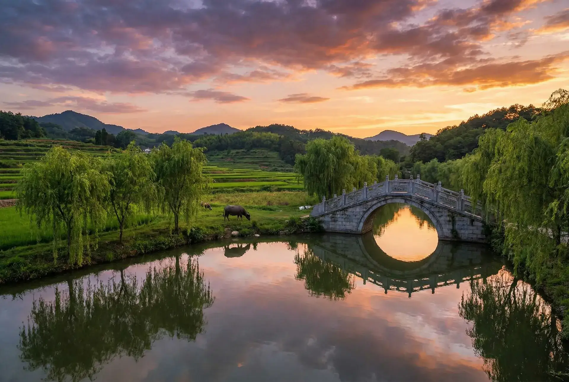夕阳下的石拱桥与垂柳，水牛在河边吃草 - 欧达z15 乡村美景